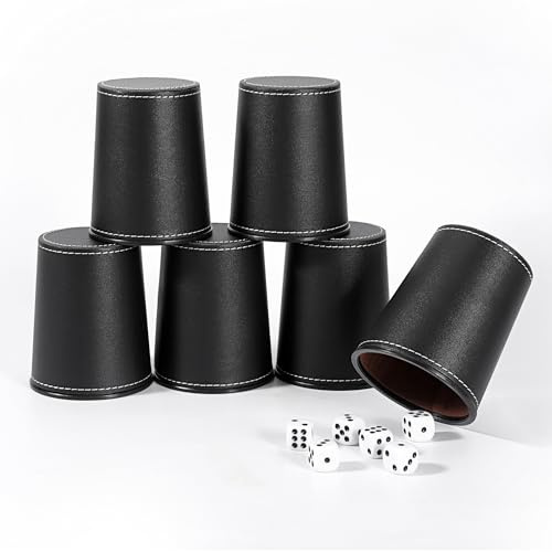 X SIM FITNESSX Leder Würfelbecher Set, 6 PU Würfel mit Becher + 30 Punktwürfeln für Bar-Party Yahtzee Farkle Würfelspiele (6X Schwarz B)