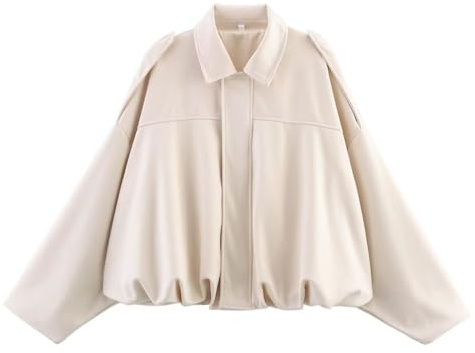 Xunger Women's Faux Suede Bomber Jacket Spring Lapel Pilot Coat Casual Oversized Long Sleeves Trendy Streetwear Outerwear(1026-Beige-S-RD)