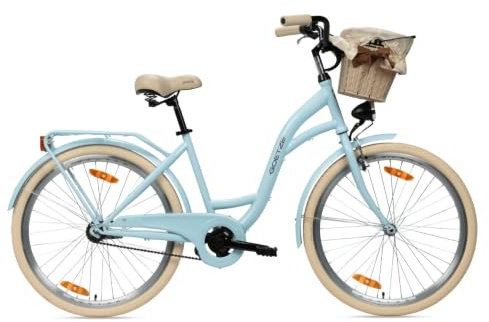 Goetze Style 26 Zoll Damen Citybike, 17 Zoll Tiefeinsteiger Rahmen, 1-Gang Rücktrittbremse, V-Bremse vorne, LED-Beleuchtung, Gepäckträger, Rattankorb, Komfortsattel, mit Ständer & Klingel