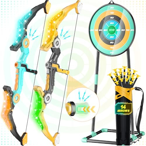2 Pack Kids Bow and Arrow Set with Sound Effects & LED Flash Lights Achery Set, Indoor Outdoor Toys for Ages 4-8 8-12, Birthday Gifts for 3 4 5 6 7 8 9 10 11 12 Year Old Boys Girls Children, Yellow