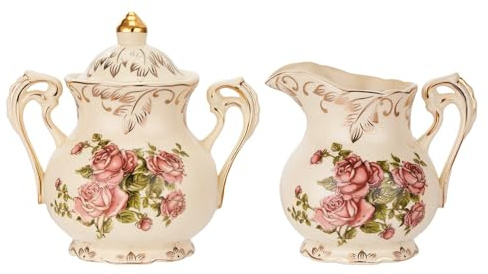 XYUERU Set di Zucchero e Panna in Ceramica, Crema for caffè con Coperchio, lattiera, Tazza da caffè con Manico, Set da Portata for Il tè pomeridiano