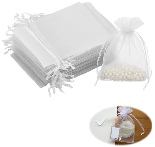 wilcractk 100 Pcs Sachets Organza 10x15 cm Blanc, Sac Organza avec Cordon, Idéal comme Pochette Bijoux, Sachet Dragées, Sachet pour Lavande Vide et Cadeaux de Fête