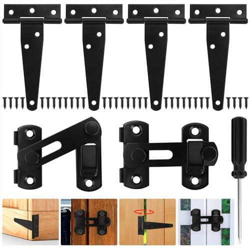 Türriegel Schwarz und Türscharniere für Holztüren,4 Stk 4” T Scharniere Klappbar und 2 Türriegel Außen 180° Klappbar mit 32 Schrauben,Schraubendreher,T-Scharniere für Gartentüren,Fenster