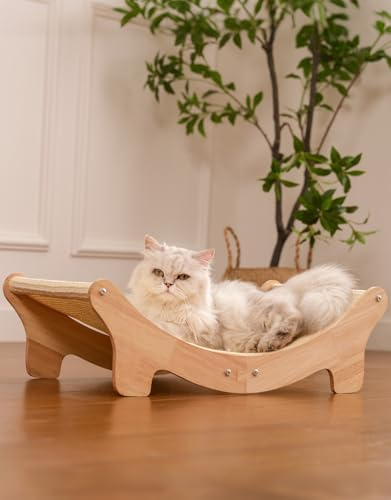 Adolug Natural Sisal Cat Scratcher Bed for Indoor Cats Scratching Post Hammock Lounge with Oak Frame, Wooden Cat Furniture for Large Cats, Modern Scratcher