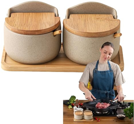 Genérico Salero Con Tapa - Juego 2 Recipientes Cerámica Con Cuchara De Madera | Caja Especias | Tarro Para Cocina, Hogar, Restaurante | Sal, Pimienta, Azúcar
