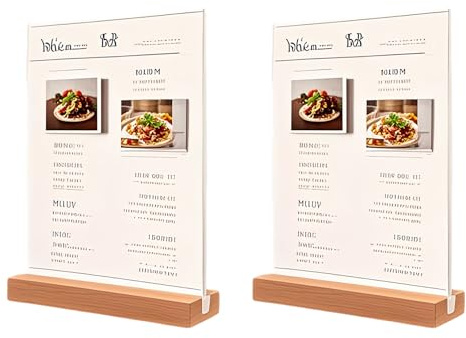 FWORUAIS 2 Stück Tischaufsteller A4 Holz , A4 Schilderhalter mit Stabilem Holzfuß & Klemmschienen für Prospekte Menükarte Werbung Fotorahmen