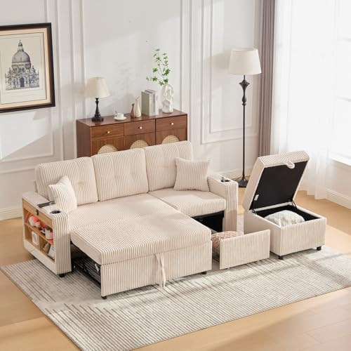 EURHCIO Canapé 3 Places Convertible en Velours Côtelé,Canapé d'angle Modulable,avec Espace de Rangement,Port USB Type-C,éclairage LED et Porte-gobelets,Design Pliant (Beige)