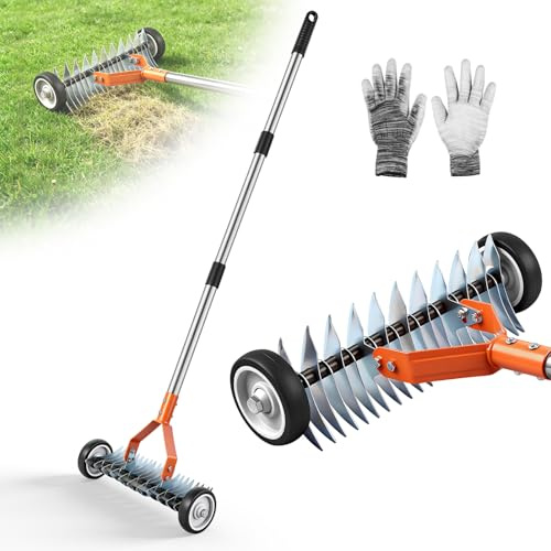 Viugreum 170cm Handvertikutierer mit Rollen, Vertikutierer Rechen mit Stiel, Metall Schneidrechen Garten,Abnehmbar,Verstellbarer Vertikutierrechen,Vertikutierharke für Garten,Hof,Rasen(orange)