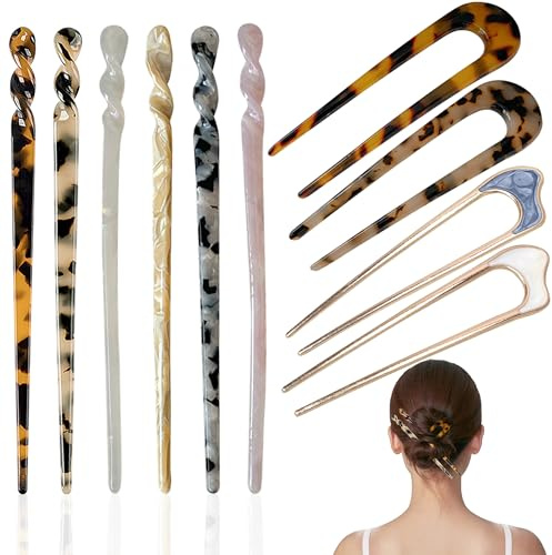 Pushiibee Palillo de Pelo de Acetato, 10 Piezas Horquilla en U y Pasadores Retro, Pasadores Franceses Horquilla China Palillos de Acetato French Hair Pin para Mujeres