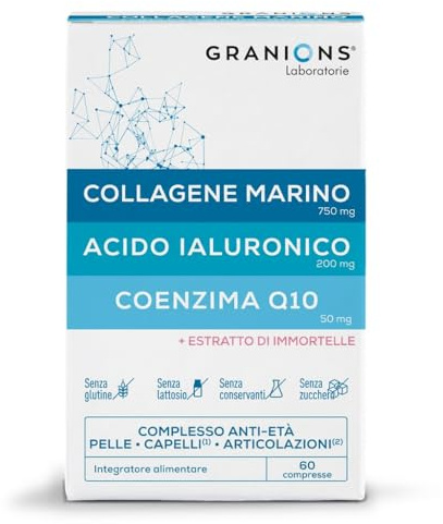 Granions Trio Anti-Età | Collagene Marino 750 mg + Acido Ialuronico 200 mg + CoQ10 50 mg | Estratto di Elicriso | Pelle, Capelli, Articolazioni | 60 Compresse | 1 Mese