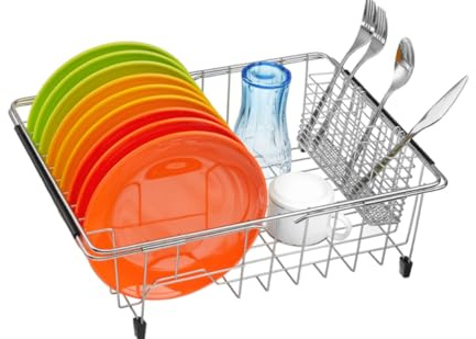 ARCCI Expandable Dish Drying Rack Over The Sink, Large Capacity Sink Dish Rack Drainer Plate Organizer Shelf with Removable Utensil Holder, Dish Drainer Rack for Kitchen Counter (Silver)