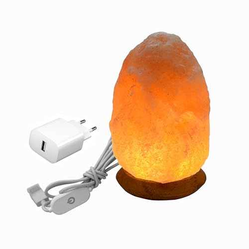 HAF Dimmbare USB Salzlampe ROCK Rosa aus Kristallsalz – Handgefertigte Salzkristall LED Deko Lampe mit Holzsockel – Für warmes Licht, entspannte Atmosphäre – Als Tischlampe für Büro & Schlafzimmer