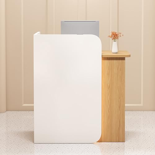 Receptionsräknare i vitt naturligt trä med lådor, perfekt för butiker, hotell och konferensrum, mått: 160 x 45 x 100 cm