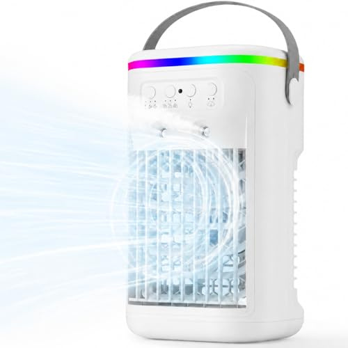 Condizionatore Portatile, Mini Raffrescatore d’Aria Silenzioso con Telecomando, Ventilatore Nebulizzatore USB, 3 Velocità, 2 Modalità di Nebbia, Timer 1H/2H/4H, LED 7 Colori, per Camera da Letto