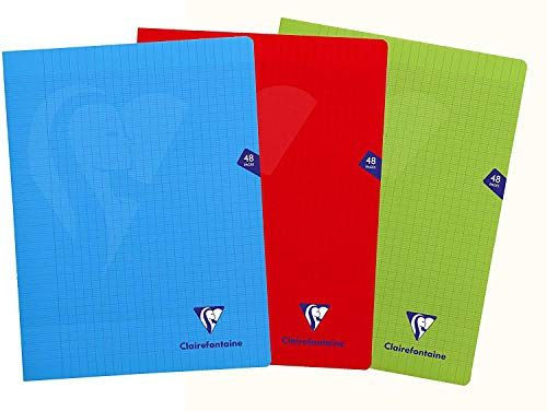 Clairefontaine 293311AMZ Lot de 3 Cahiers Agrafés Mimesys - 24x32 cm - 48 Pages Grands Carreaux - Papier Blanc 90 g - Couvertures Polypro Couleurs Assorties (Bleu, Rouge et Vert)