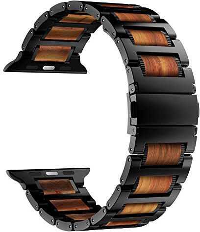 iiteeology Compatible with Apple Watch Band, Natural Wooden Steel Link Bracelet for iWatch Ultra 3/ Ultra 2/ Series 1-11 49mm 46mm 45mm 44mm 42mm - Black