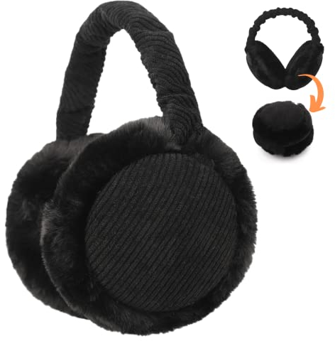 Zeltauto Women’s Winter Earmuffs Adjustable Foldable Faux Fur Plush Ear Warmer Full Ear Surrounded (Black)