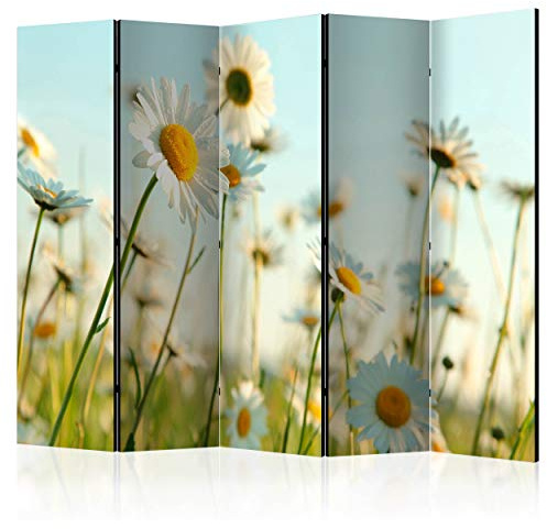 decomonkey Paravent Raumteiler Innen Blumen 225x172 cm 5 Teilig Einseitig Room Divider Wall Raumteiler Stehend Trennwand Sichtschutz Spanische Wand Sichtschutzwand Wohnzimmer Holz Gänseblümchen