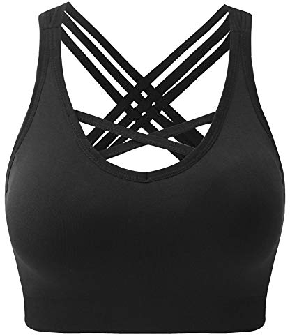 ANGOOL Padded Sports Bra Wirefree Mid Impact Yoga Bras Unique Cross Back Strappy for Gym Yoga Black