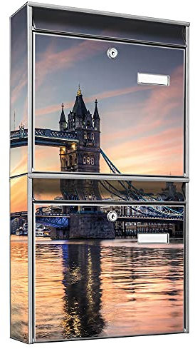 banjado Briefkastenanlage 2 Fach - 2 Briefkästen 36x64x10cm groß - Doppelbriefkasten Set - Namensschild, 2 Schlüssel, Montagematerial - Stahl verzinkt Silber - Motiv Tower Bridge