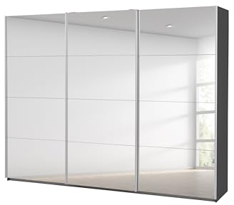 Rauch Möbel Caracas Schrank Schwebetürenschrank, Grau metallic, Spiegel, Schwarz, 3-trg., inkl. Zubehörpaket Premium 3 Kleiderstangen, 7 Einlegeböden, 1 Hakenleiste, Türdämpfer, BxHxT 271x210x62 cm