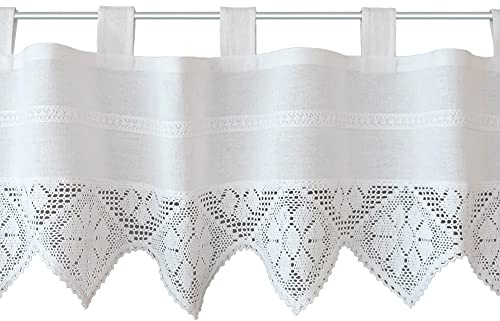 Edle Scheiben-Gardine mit Schlaufen als blickdichter Vorhang in 40 x 150 cm - Landhaus-Stil Bistrogardine Blumen-Motiv Spitze weiß - Moderne Kurzstore Küchen-Gardine Wohnzimmer Wohnwagen