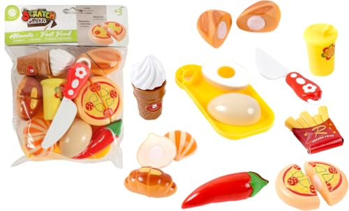 FLYPOP'S - Set Fast Food da Tagliare con Velcro - Gioco Imitazione - 018946 - Multicolore - Plastica - Cucina - Alimenti - Giocattolo Bambini - Gelato - 27 x 19 cm - Dai 3 anni in su