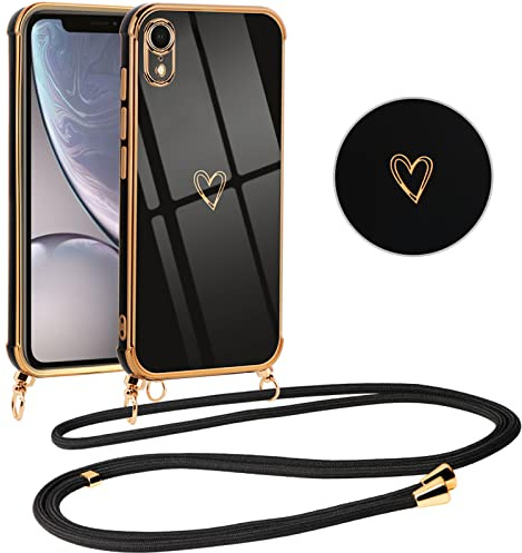Vauki handyband Hülle für iPhone XR mit Band, mit Liebesmuster TPU Handyhülle Ultra dünn Stoßfeste, Galvanik Silikon Case Bumper mit Kordel zum Umhängen für iPhone XR 6.1, Schwarz