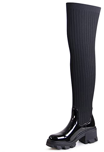 topschuhe24 2571 Damen Lack Plateau Overknee Stiefel Strick Stulpen, Farbe:Schwarz, Größe:37 EU