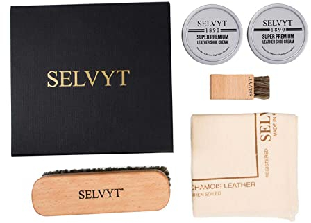 Selvyt 1890 SET W Shoe Care Kit Gift Box with Horse Hair Brushes, Cloth and Creams