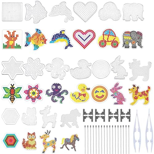 H&W Bügelperlen Platten,20Pcs 5mm Steckperlen,Transparente Steckplatten Bausätze mit Geschenk 8 Basen,2 Pinzetten,20 Perlenketten DIY Craft Perlen