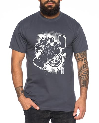 Ruffy Fly - Herren T-Shirt Straw Hat Luffy Zoro One Monkey D. Pirat Ace Piece Goku Anime Ruffy, Größe:L, Farbe:Dunkelgrau