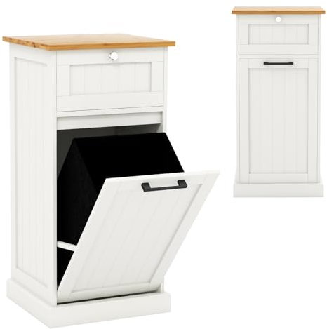 KOMFOTTEU Küchenschrank Badezimmerschrank mit Ausziehtür & Wäschekorb, Sideboard mit 38 L Mülltonnen, Mehrzweckschrank Holz mit 2 Schubladen, Küche Kommode mit Schneidebrett (Einzeltür)