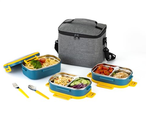 Lille Home Boîte à déjeuner Bento à 3 niveaux en acier inoxydable, 2,45 L, étanche, avec 5 compartiments pour adultes (Bleu)