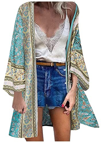 Damen Blumendruck Kimono Strickjacke Boho Strandkleid Pareos Poncho Sommer Strand Cardigan Bikini Cover Up