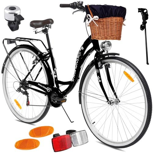 Maltrack Stadtfahrrad Dreamer mit Korb, 6-Gang, 28 Zoll, Vorder- und Rückleuchten, Gepäckträger, Klingel, Fahrrad Citybike Damenfahrrad, Schwarz