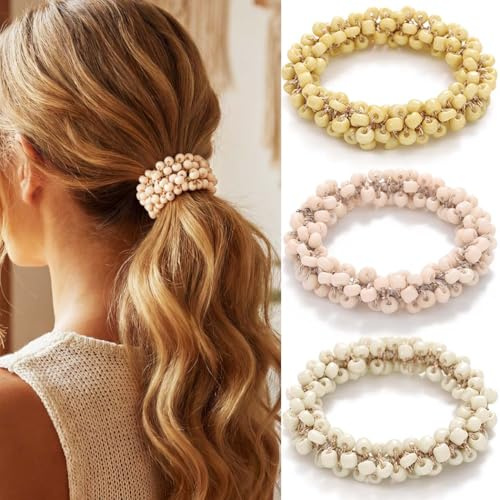 Reaky Haargummis mit Perlen Pferdeschwanzhalter Haar-Accessoires für Damen (rosa, beige, gelb)