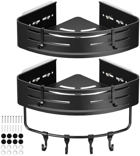 Euqvunn Estanteria Ducha Sin Taladros, Resistente al Agua y al Oxido, 2 Piezas Estanteria Baño Esquina, Soporte Champu Ducha con 8 Portátil Ganchos (Negro)