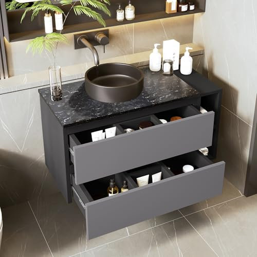 Meuble évier Suspendu Largeur 80 cm avec évier et tiroirs en céramique, Design Moderne, Noir + Gris (80×44×48,5cm)