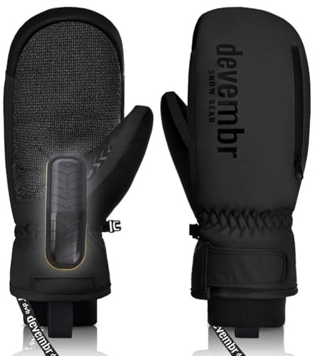 devembr Ski Mittens with Wrist Guards and Undercuff Design, Snowboard Mittens Touchscreen, Black, L