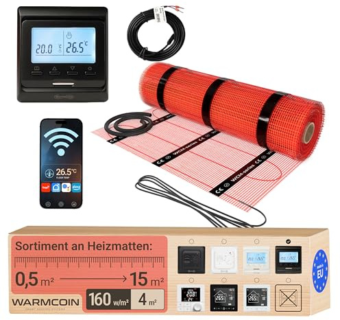 Warmcoin® Kit Completo Riscaldamento a Pavimento Elettrico 160W/m² – Stuoia Autoadesiva 4,0 m² (0,5x8m) – Per Piastrelle, Laminato e Parquet – Con Termostato WiFi W51 Nero