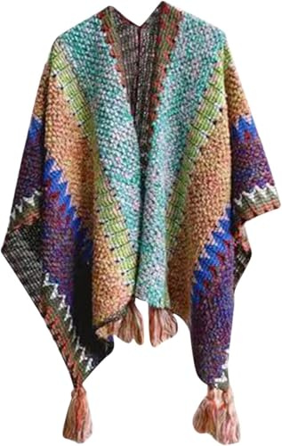 Poncho bohemio con flecos para mujer, estilo vintage, pashmina, chal abierto al frente, cárdigan de punto, kimono con borlas, estilo mexicano, suéter de ganchillo suave hippie, manta cálida de