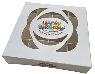 Leere Geschenkschachteln mit Sichtfenster, Aufschrift Happy Birthday, mit Sichtfenster, Trüffel-Box, Geschenkverpackung, 15 x 15 x 3,5 cm, 10 Stück (16 Gittereinsätze, mehrfarbiges Happy
