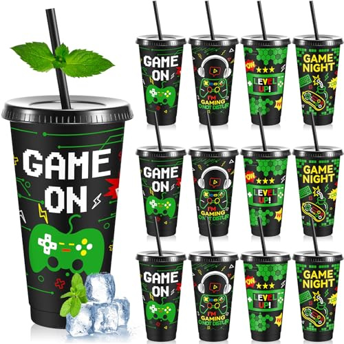 Uiifan 12 vasos de plástico para videojuegos con tapas y popotes, vaso reutilizable de 24 onzas para Halloween, decoración de fiesta de los años 70 y 90, suministros de decoración de fiesta de