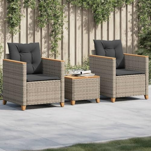 Xichuzi 3-TLG. Bistro-Set mit Kissen Grau Poly Rattan Akazienholz, Gartenset Tisch Und Stühle, Balkon Möbel Für Kleinen Balkon, Terrassenmöbel, Balkonset, Balkonmöbel, Möbelsets - 366314