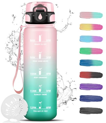 Borraccia 1 Litro, Borraccia Palestra, a Prova di Perdite, Borraccie Motivazionale, Borracce per Bere di piu, Bottiglie Sportiva, Bottiglie Graduata per Fitness, Ciclismo, Adulto, Ufficio, Scuola