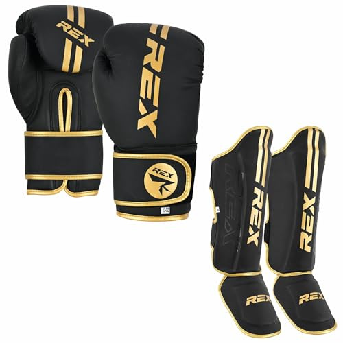 Rex Sports Boxing gloves with Shin Instep for Kickboxing Heavy duty punching gloves MMA fighting pads, Muay Endurance shinpads Sparring gloves MMA GOLD (GLOVES SIZE 14 OZ, SHIN SIZE L)