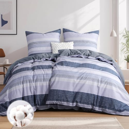 Aisbo Sängkläder 135 x 200 4 delar bomull blå/grå randigt mönster – sängklädesset påslakan set om 2 med 2 örngott 80 x 80 cm, Öko-Tex vändbara sängkläder med dragkedja