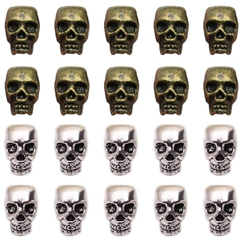 CUEMOON 20 Stück Gunmetal Schädel Perlen, Metall Totenkopf Halloween Perlen Abstandsperlen Für DIY Armband Halskette Schmuckherstellung