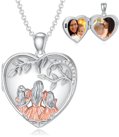 Shusukue Cadena para madre e hija, collar en forma de corazón, medallón para abrir con imagen, collar para mujer, plata 925, regalo para el día de la madre, Plata esterlina, No es una piedra preciosa